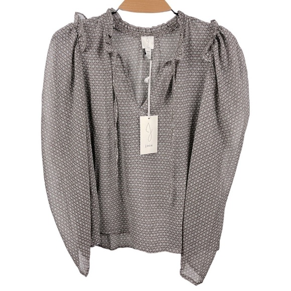** NEW Joie Sheer Brown Patterned V Neck Ruffle Shoulder Blouse Size M - Picture 2 of 6